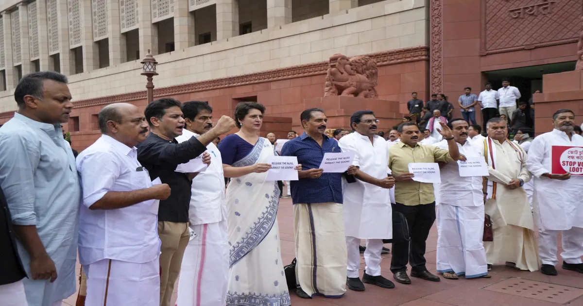 Priyanka Gandhi Leads Fiery Protest Against BJP Over Nuns’ Arrest in Chhattisgarh