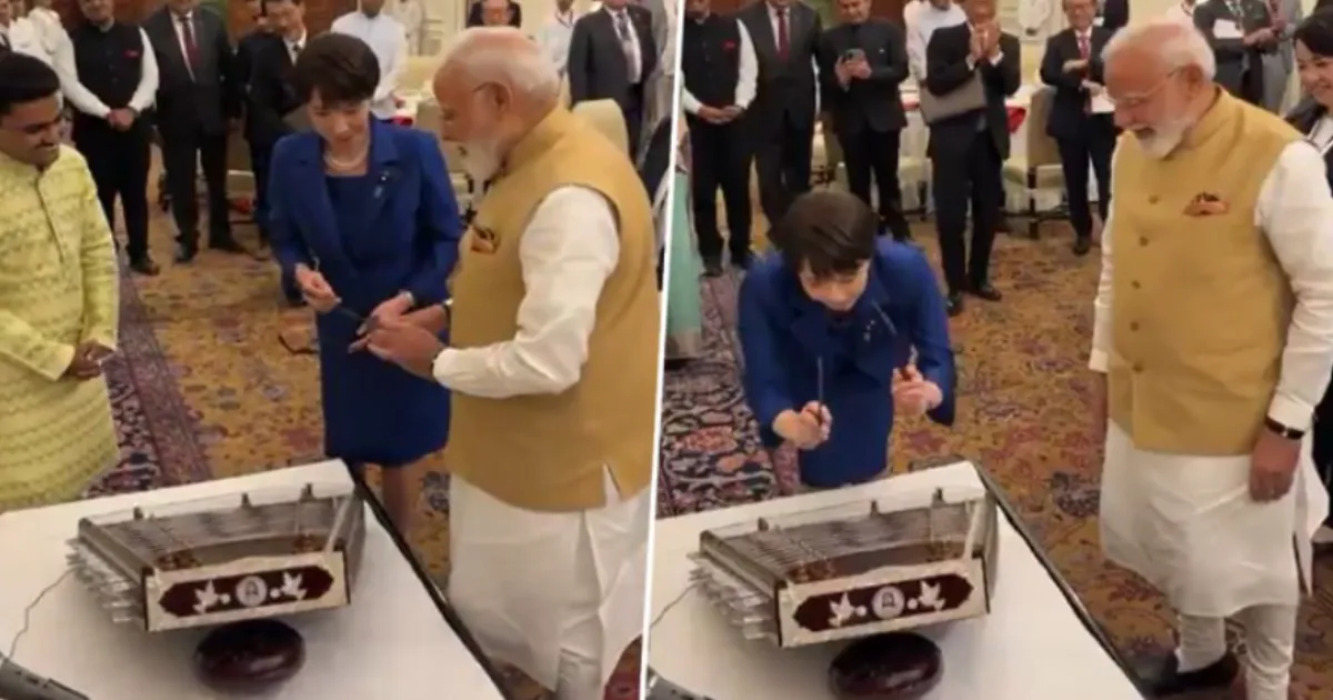 Japan PM Takaichi Charms India With Santoor Attempt Beside PM Modi