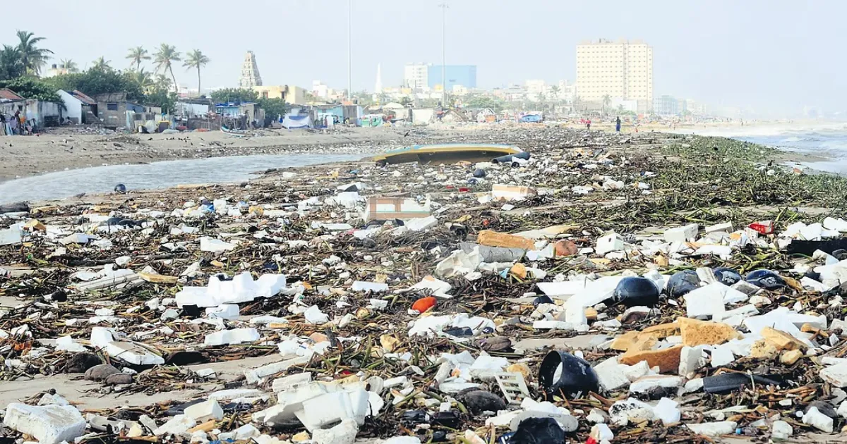 Sea of Plastic Swallows Chennai’s Coastline After Cyclone Montha Spares City
