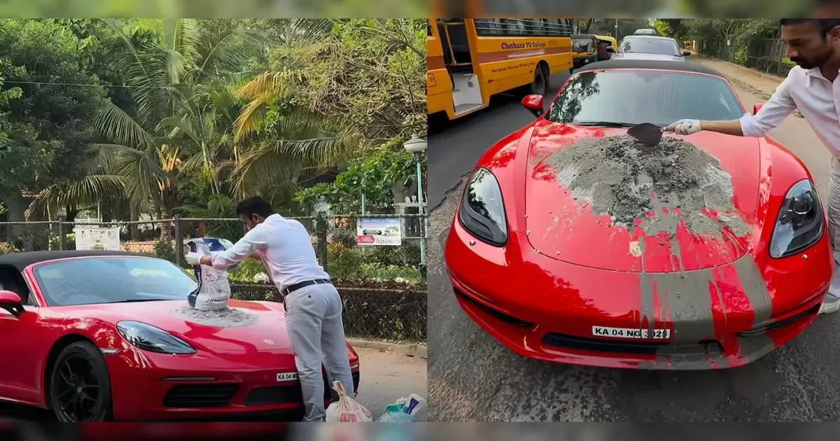 Bengaluru Man Highlights Potholes By Mixing Cement On Luxury Porsche