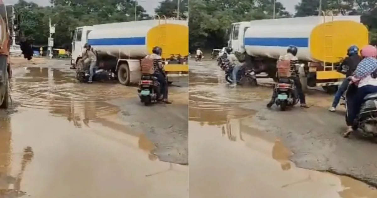 Rider Jumps Clear As Water Tanker Crushes Bike On Bengaluru’s Broken Road