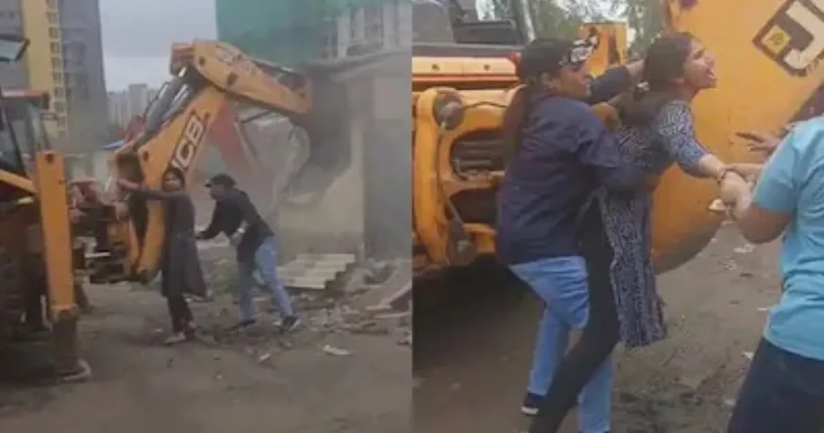 Thane Land Dispute Turns Violent As Woman Hugs Bulldozer During Demolition Drive